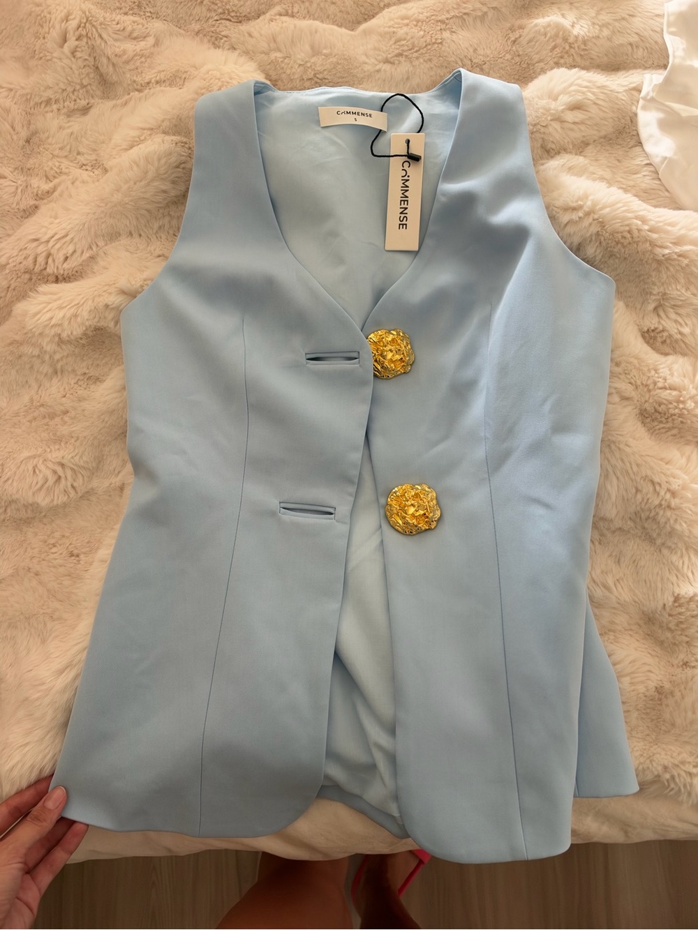 Commense Light Blue Sleeveless Blazer Vest with Gold Buttons